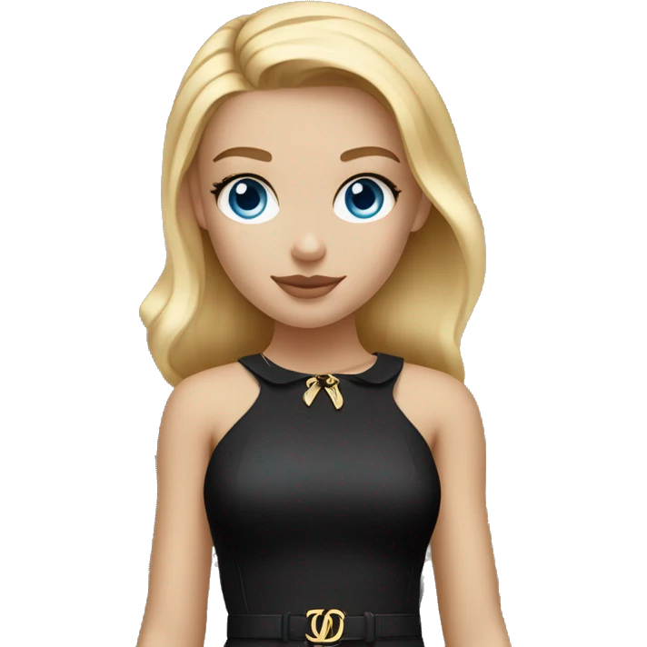 Blonde girl bright blue eyes with Louis Vuitton monogram purse in short black dress emoji