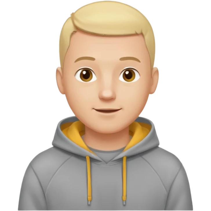man in his 30s, buzz cut blonde hair, wearing a hoodie, cheerful expression emoji emoji