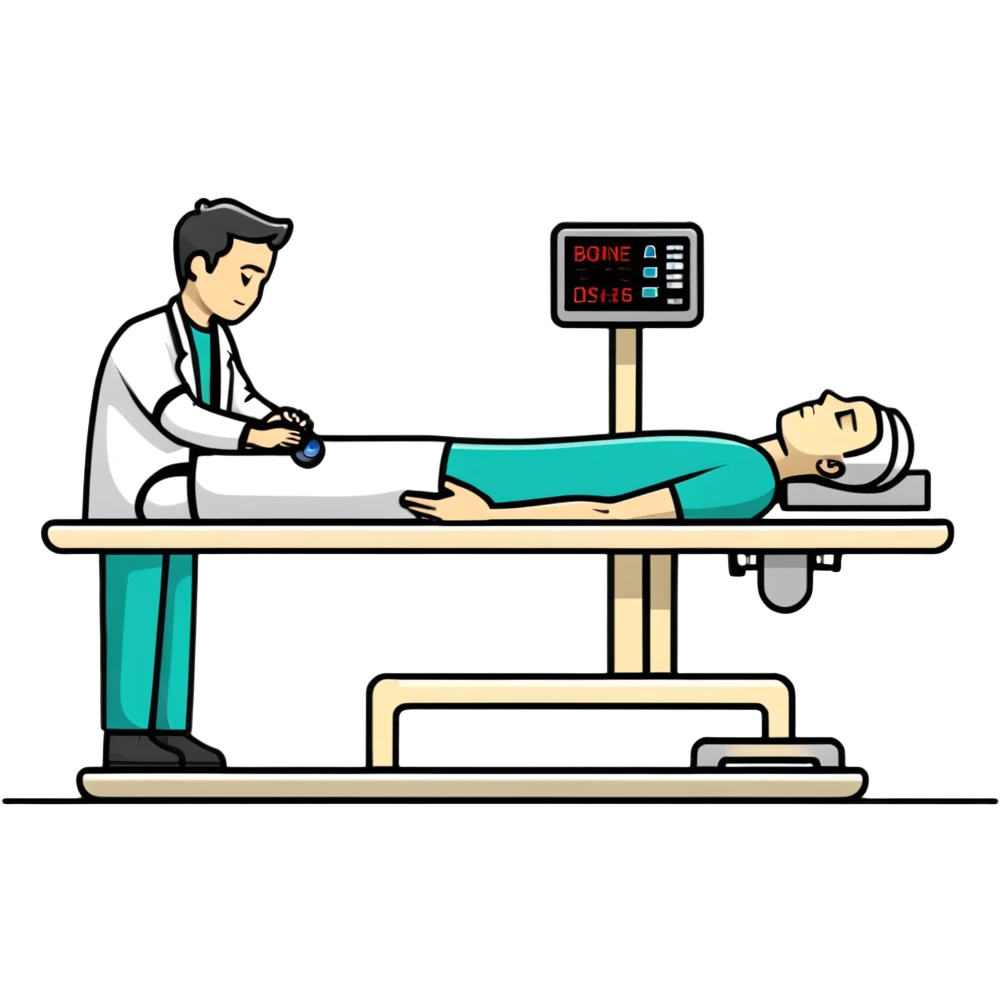 Medical DEXA scan machine with male patient lying flat on table, technician operating bone density measurement equipment, side view emoji