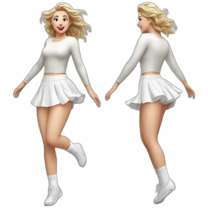 Hyperrealistic Full body Caucasian curvy beauty jumping short white skirt back and front views strong wind knickers long white socks emoji
