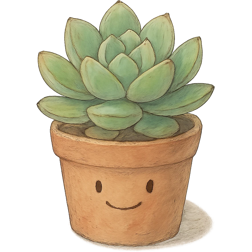 small potted succulent plant, Japanese pastel hand-drawn, full object, transparent background, with a gentle smile emoji