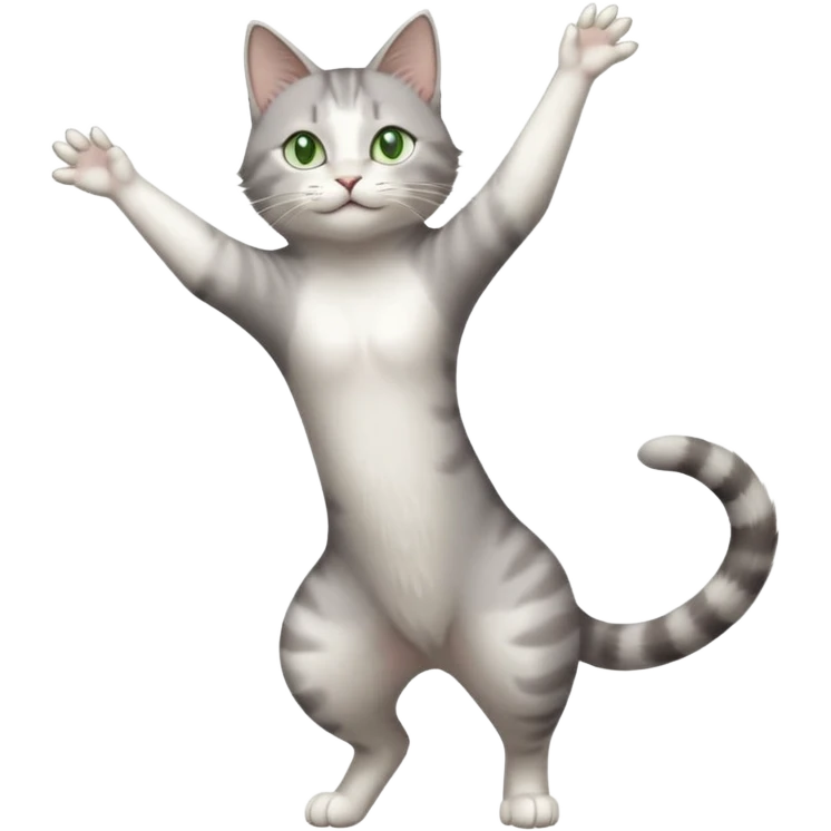 grey and white cat with green eyes doing a big long stretch reaching up into the air with arms and legs side by side together emoji