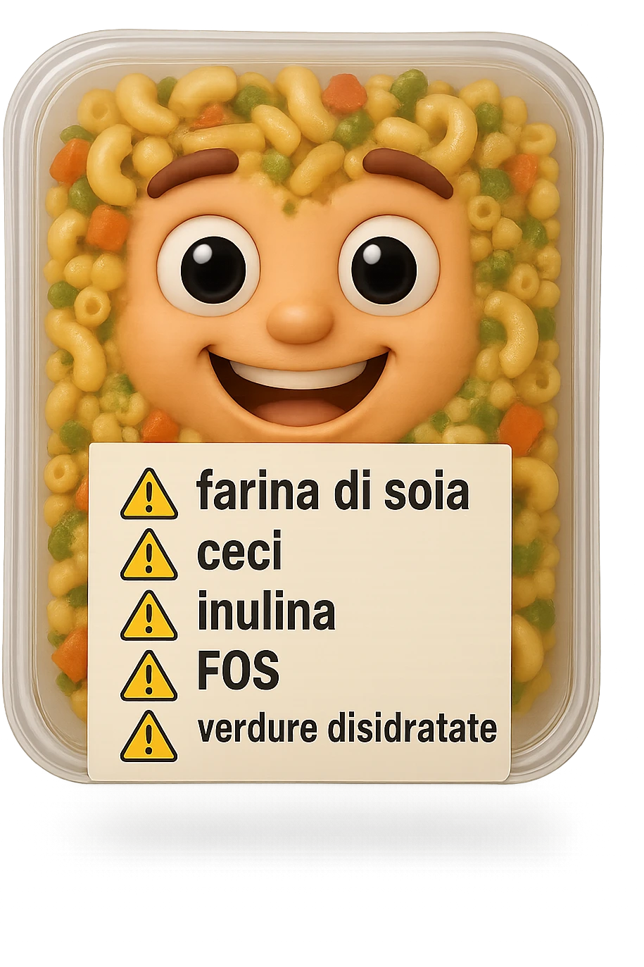 SU QUESTO STILE FAI UN EMOJI STILE IPHONE 3D DI UN insalata di pasta precotta preconfezionata con ETICHETTA CON GLI INGREDIENTI SCRITTI, "farina di soia, ceci, inulina, FOS, GOS, verdure disidratate" accanto ad ogni nome scritto mettici un segnale di allarme, FALLO MOLTO REALISTICO IN 3D emoji