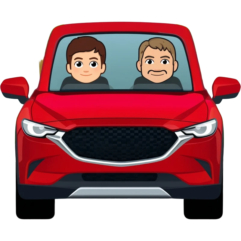 cx 5 2023 roja con conductor y copiloco, todo en caricatura sobre una avenida principal con paisaje verde emoji