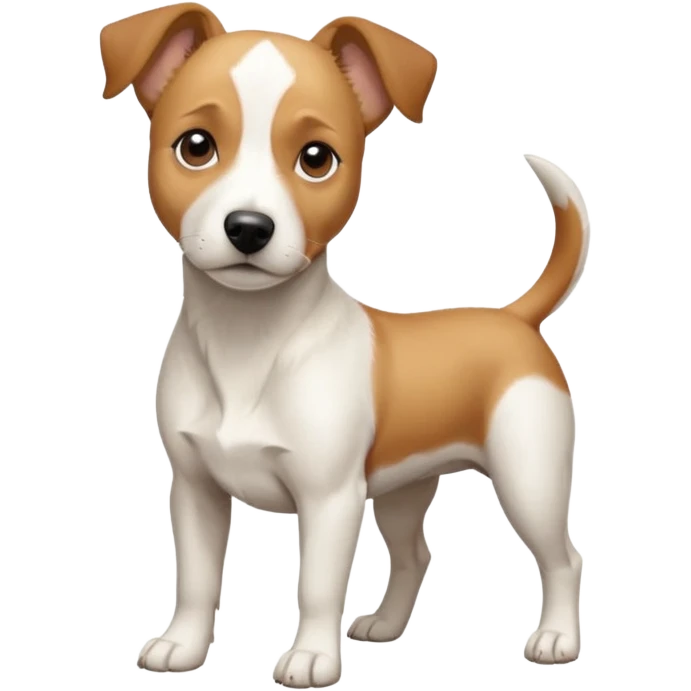 a full body facing front on of a buff white beagle cross jack russell terrier looking dog the size of a kelpie with light brown long ears resting on its face and a light brown patch above one eye and a large snout. the rest of the dog is completely white.  emoji