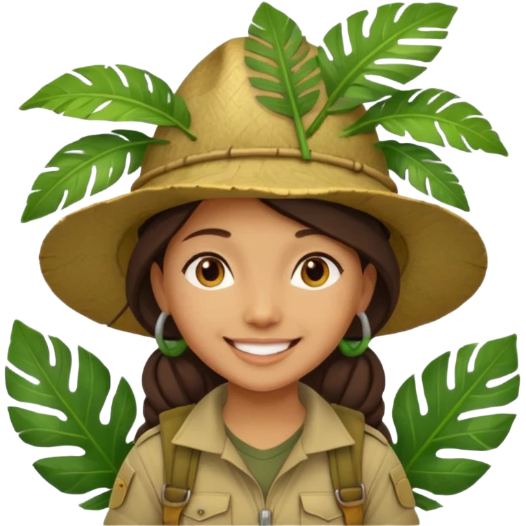 a young female explorer with jungle wearing a large leaf headgear bye  emoji