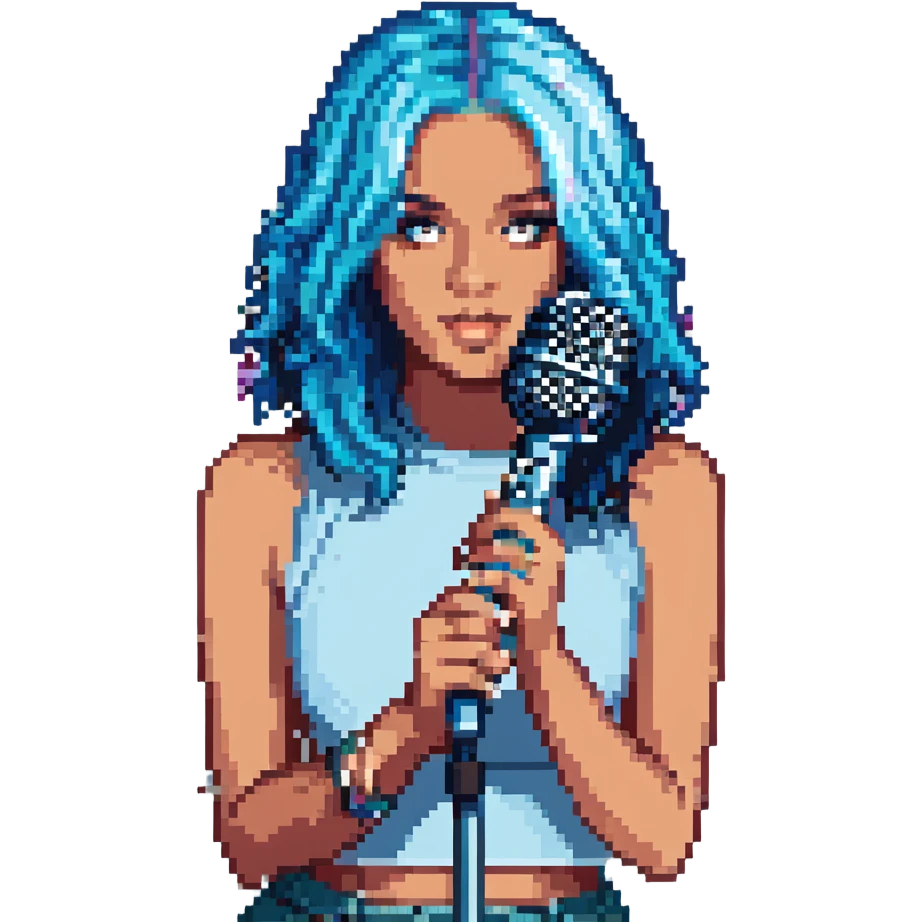 Karol G pixel art with blue hair and microphone emoji
