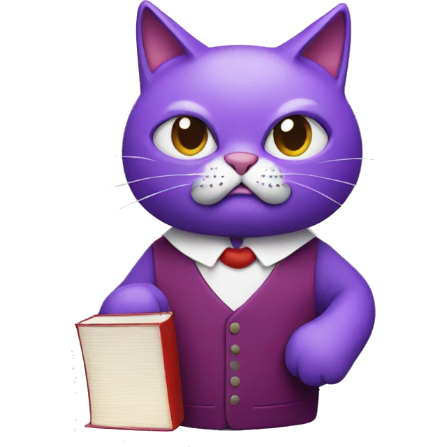 a purple cat wearing a red bob smoking cigarette with a book emoji