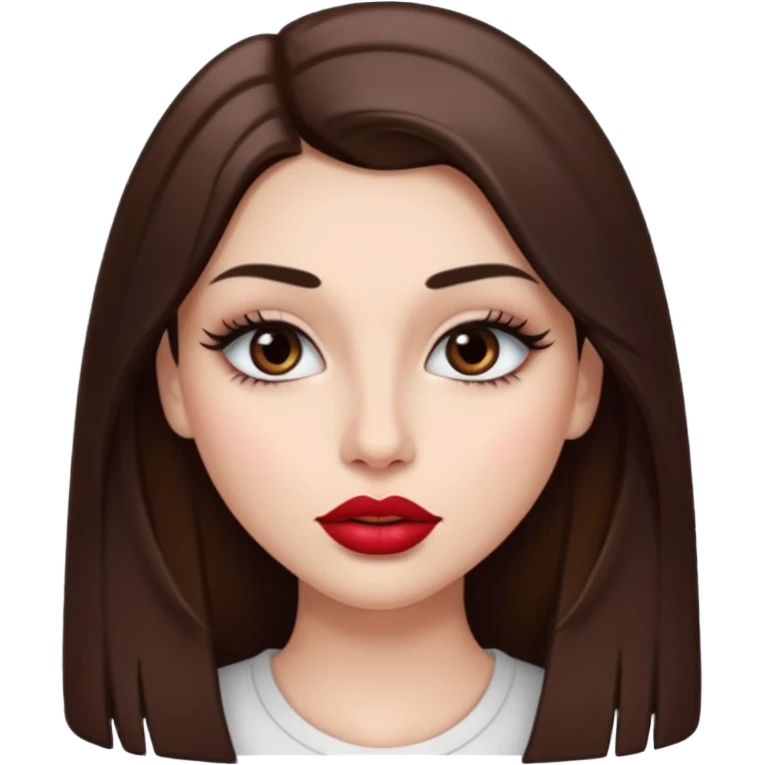 Una chica con piel muy clarita con pleo liso largo de color castaño y unos ojos marrones oscuro y labios grandes y nariz bonita y con unas pestsñas y maquillada emoji