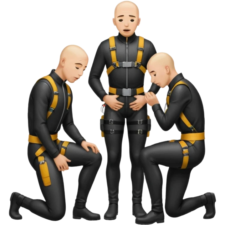 Two men, one standing one kneeling in black leather, harnesses the tall man pissing on the man kneeling both bald the man on his knees with his tongue out emoji