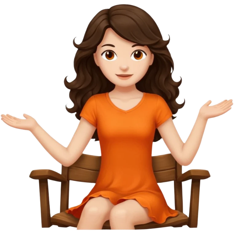 Long dark wavy hair women in orange top  twirling around a chair  emoji