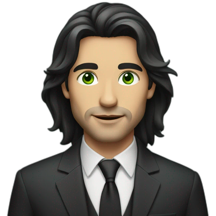a man with long dark hair in a suit, green eyes emoji