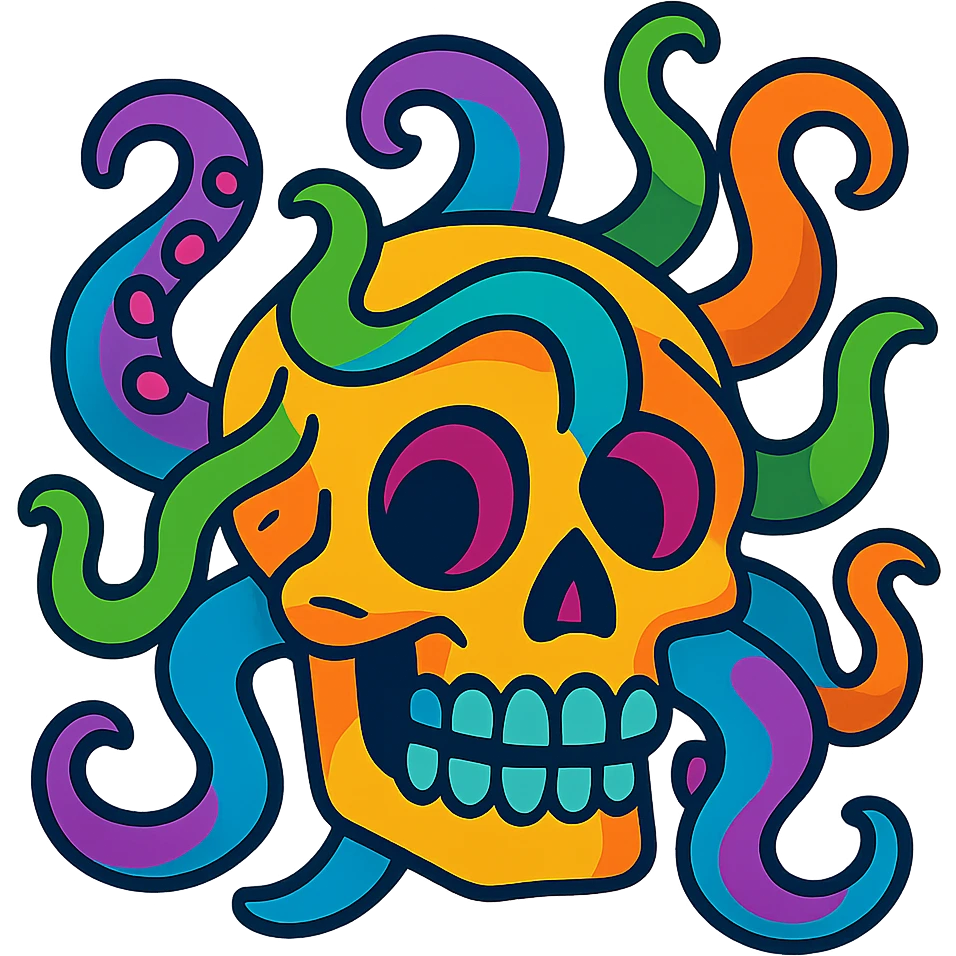 crâne infesté de tentacules, style cartoon vibrant, couleurs vives emoji