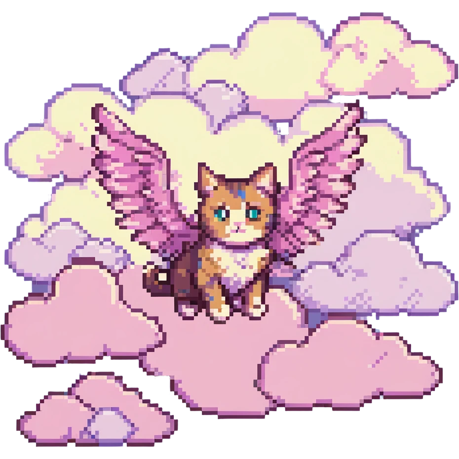 a cat with wings flying in pink clouds, pixel art style emoji