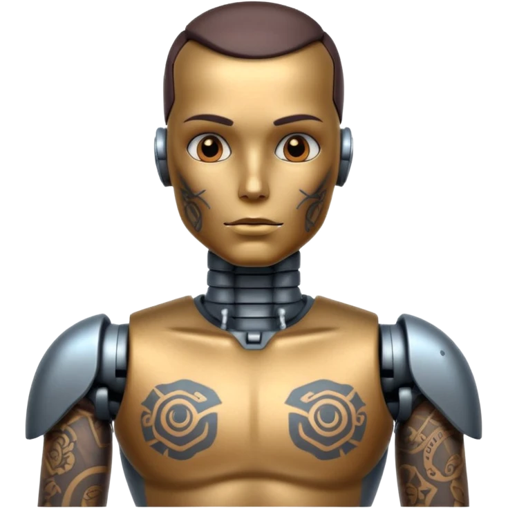 Tatooed robot, big many tatooes on chest, neck and face emoji