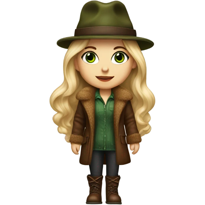 Realistic White girl with Long straight blonde hair, green eyes, tattoos, full body wearing Brown fur coat and fur hat and Brown leather boots, walking emoji