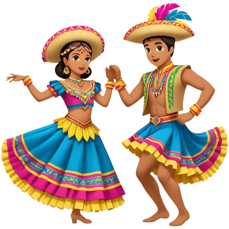 Cinematic Realistic scene of two dancers performing Cumbia, adorned in colorful traditional Colombian costumes with intricate details, captured in rhythmic motion with lively, festive lighting emoji
