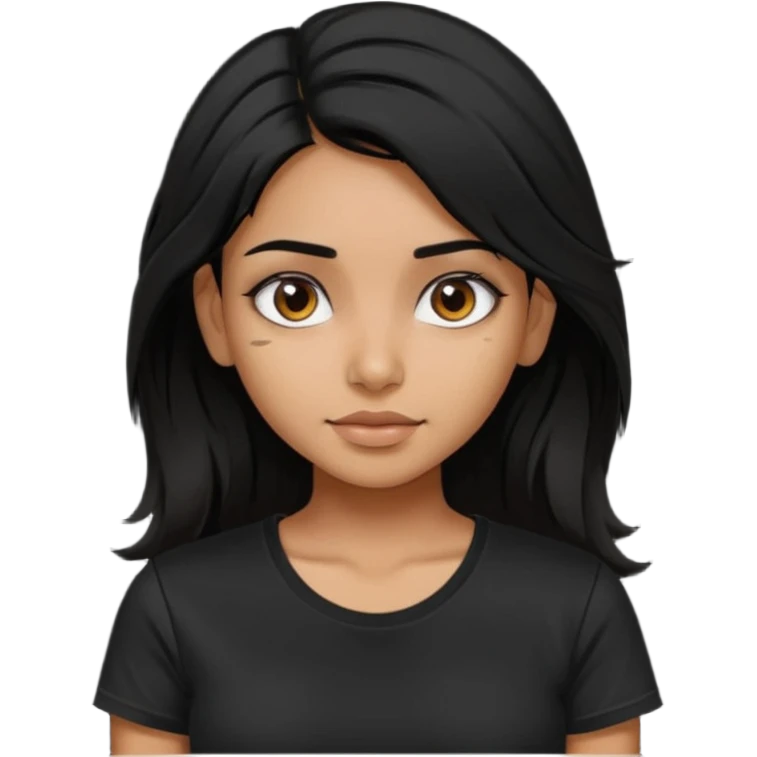 a pretty tan indian bratz girl with messy dark black hair, wearing a black tee. emoji