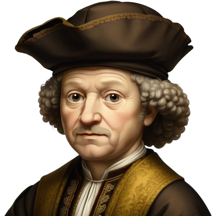 Cinematic Realistic portrait of Rembrandt, shown as a master artist with deep, introspective eyes and richly detailed period clothing, rendered with dramatic chiaroscuro lighting that emphasizes his legacy emoji