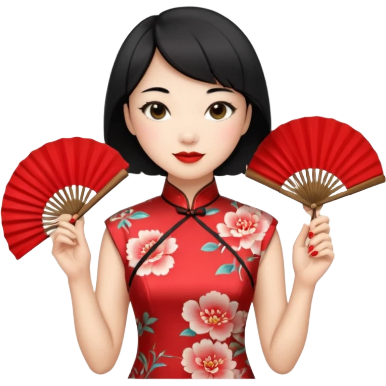 a chinese woman wearing a cheongsam holding a folding fan elegantly with fancy, red lipstick and short black hair emoji