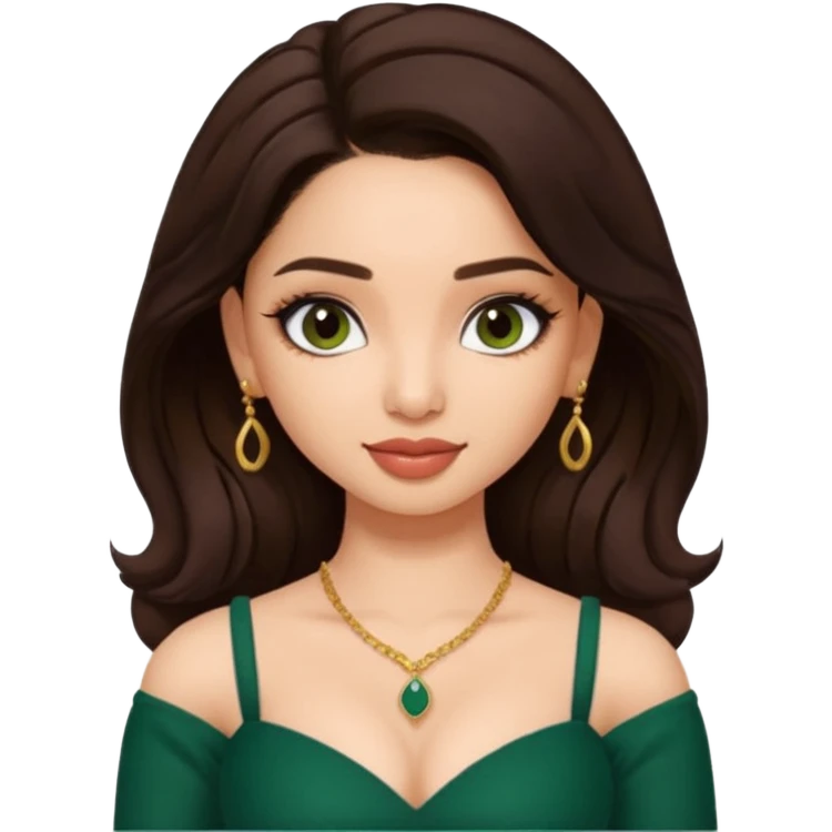 pretty bratz genmoji that looks like tamannah bhatia (bollywood actress), wearing a dark green sweetheart neckline top, dark brown hair, light makeup emoji