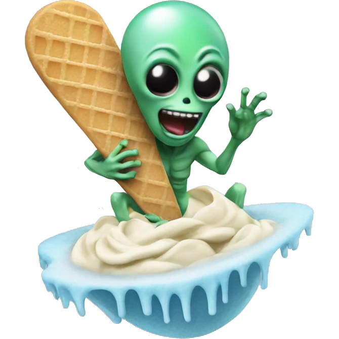 Alien surfing on ice cream emoji