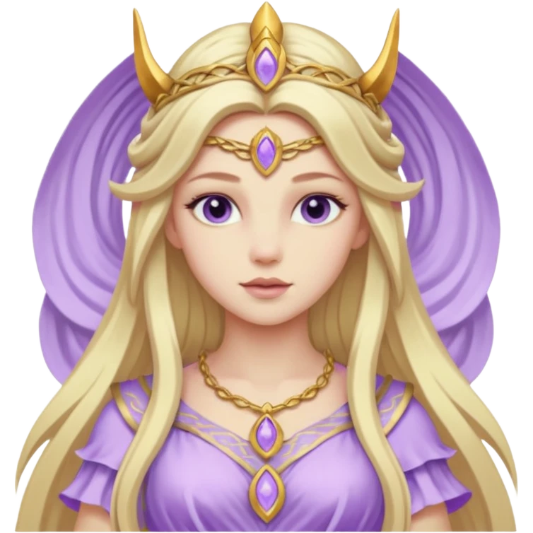 Freya, Goddess of Love from Gods and Goddesses with long blonde hair, lilac outfit emoji