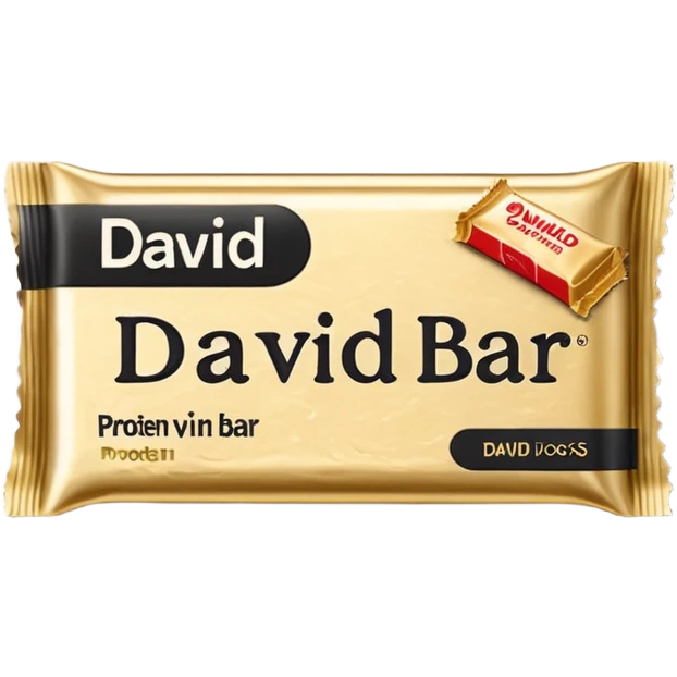protein bar gold wrapper that says David on it in black font with a small brown box on it  emoji