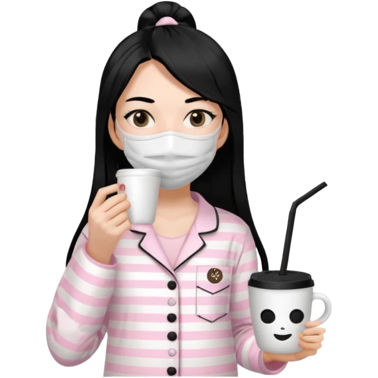 chica de pelo lacio color negro cabellera larga piyama blanca con rayas rosa claras peo no tan claras no oscuras el bordado es negro al igual que los botones )tiene una mascarilla para la carablanca y sostiene y cafe con bolitas nedras al dondo con unsorbete tranparente y es de test blanca  emoji