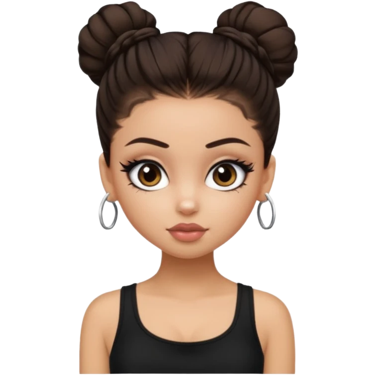 generate a pretty bratz girl in black cami top, dark brown messy bun, eyeliner on. dark brown eyes emoji