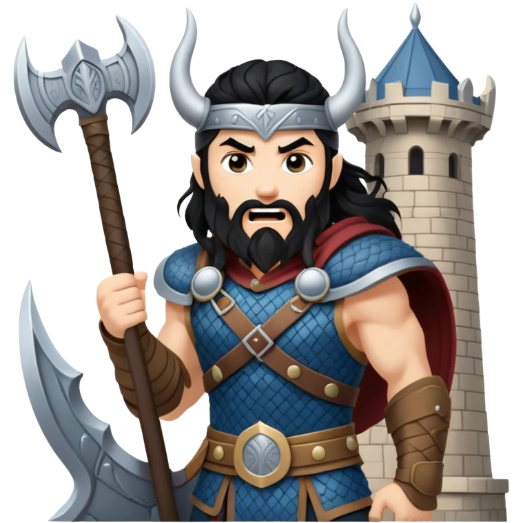 vikingo con armadura de Asgard, pelo negro ondulado, de pie, grito de guerra en torre de Asgard. emoji