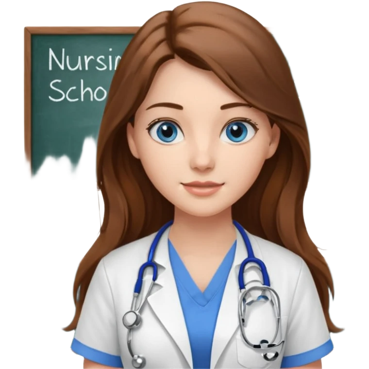 inside a classroom at university that says nursing school on the board with a pretty female nursing student with long brown hair, blue eyes emoji