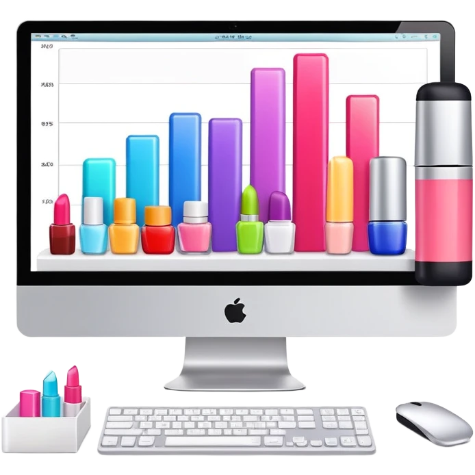 iMac computer with bar charts and beauty products like lipstick, nail polish, cream jars on the screen emoji