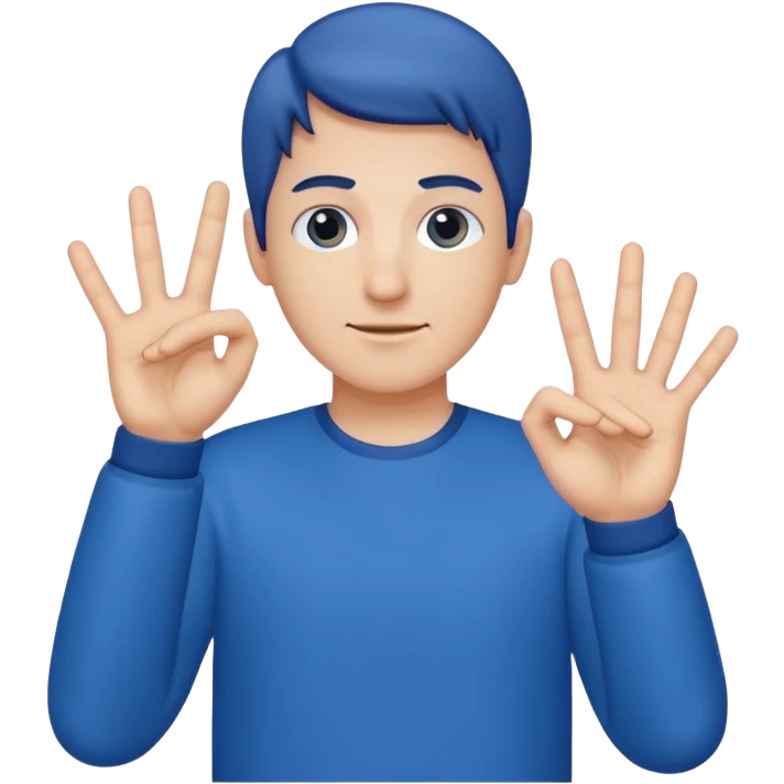 Man wearing all blue holding out four fingers with the back of his hand facing me emoji