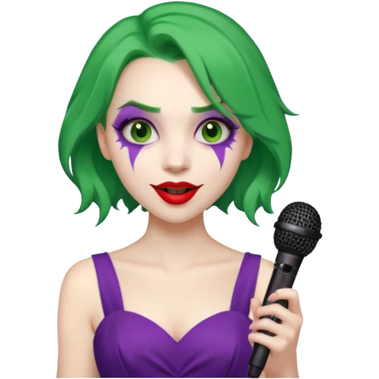 female joker with dress, microphone, singing emoji