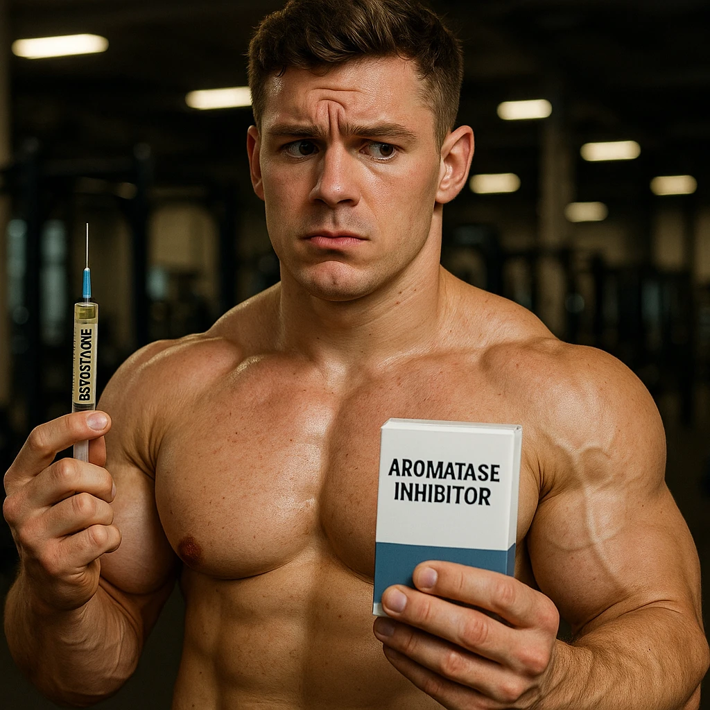 realistic young athlete with swollen muscles but marked skin holding syringe of testosterone and box of aromatase inhibitor, doubtful look, gym background, 4K quality emoji