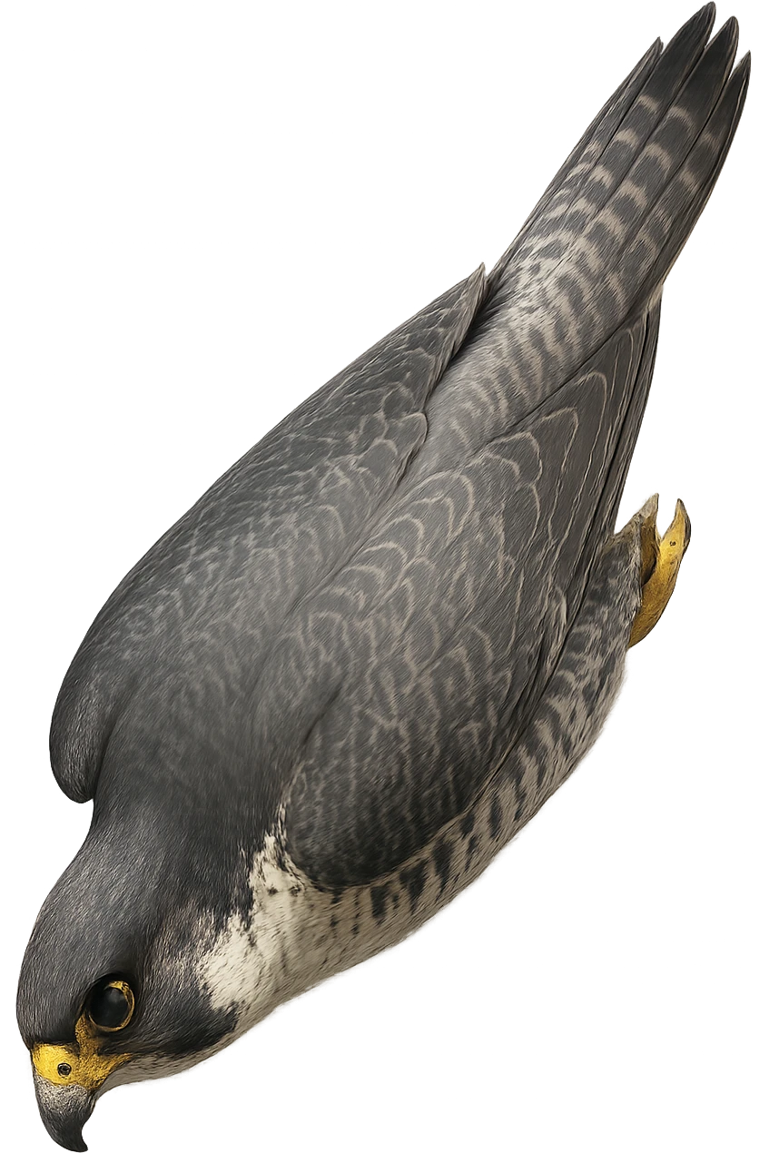 A realistic falcon in a downward spiral, wings tucked, sense of speed, no background emoji