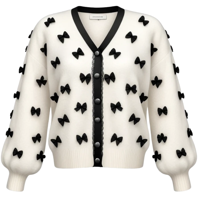 white cashmere cardigan with 8 tiny black lace bows all over front and sleeves, realistic 3d isolated, soft texture emoji