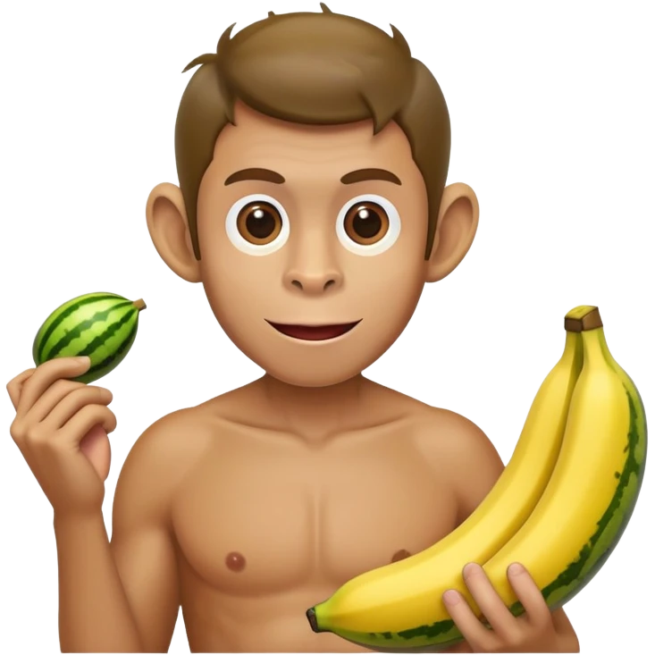 man with a banana in his hand and a monkey as his face and he has an watermelon ik the other hand emoji