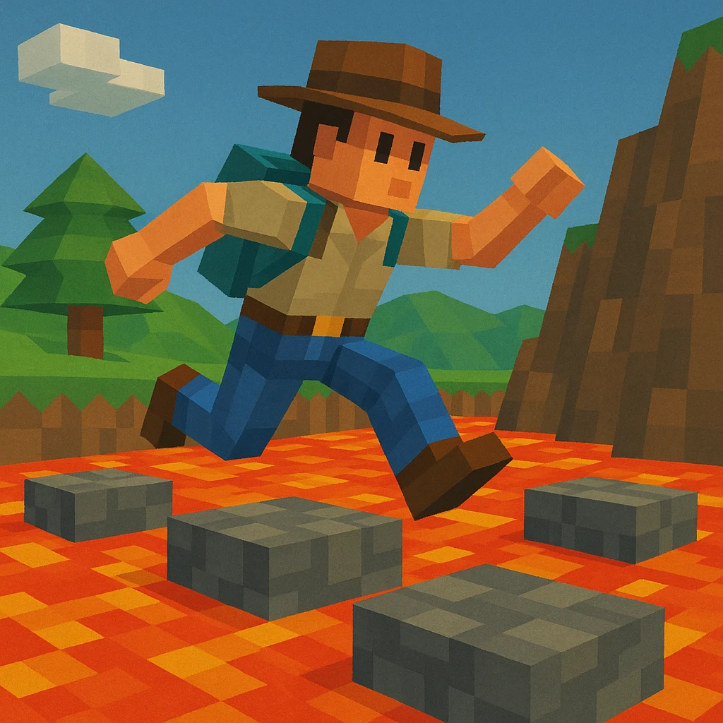 Adventurer jumping across lava blocks.
 emoji