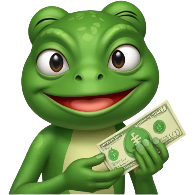 Pepe the frog sniffing a wad of money in his hand and smiling emoji