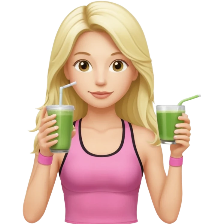 long haired blonde pilates instructor in pink drinking matcha in cute set emoji