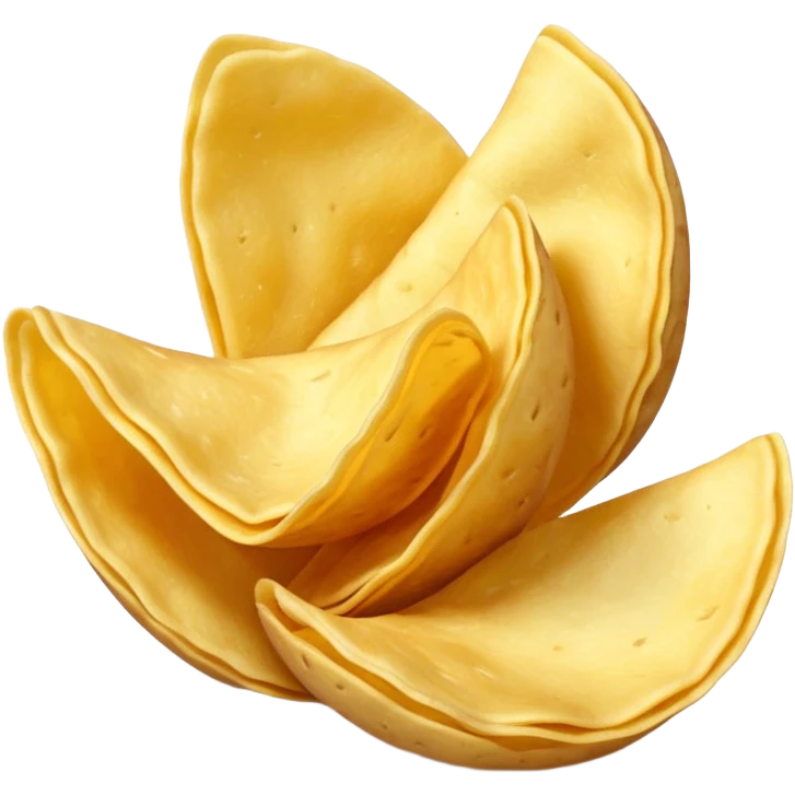 2 to 4 potato chips, golden, curved, slightly overlapping, crispy edges, light texture, warm yellow-gold, 3D, minimal, soft shadows, no packaging, no bowl, no branding, no anthropomorphic features, transparent background, emoji scale emoji