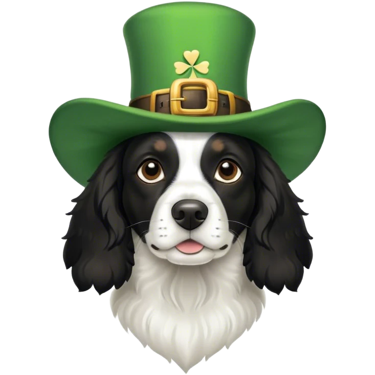 Black and white springer spaniel dog wearing a st Patrick’s day hat emoji