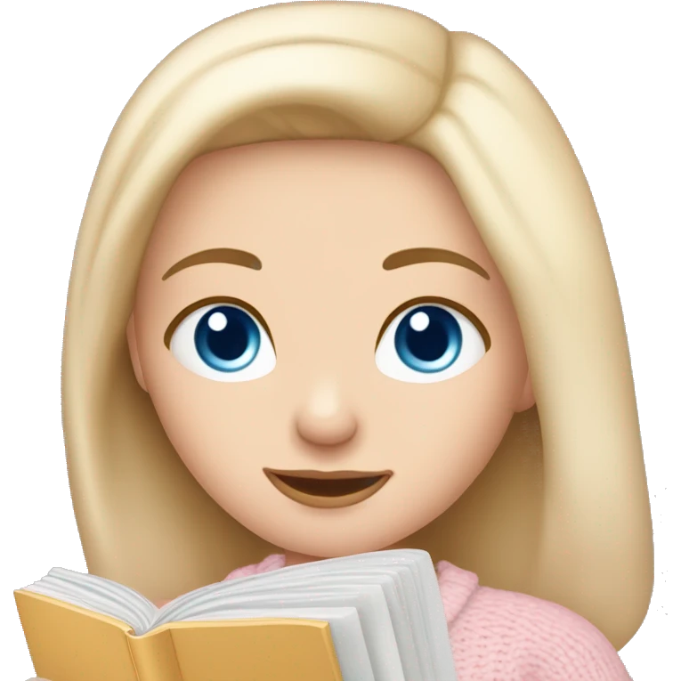 Pretty blue eyed white girl with light pink sweater reading cozy emoji