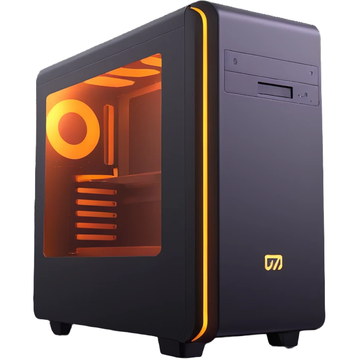 high-end desktop PC with dramatic light beams and glow emoji