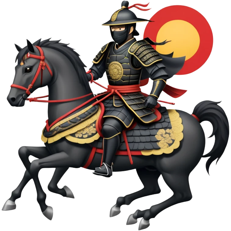 clash-of-clans-aesthetic_-cinematic-fearsome-and-majestic-samurai-bust-portrait-emoji, rendered in a flat, vector-style with minimal shading and bold, simplified shapes typical of emoji art, depicting a battle-hardened samurai with black mask and traditional black Japanese armor. The samurai is riding a noble grey warhorse adorned with an intricately designed saddle and fluttering banners and a rising sun. a zoomed in samurai riding on a  horse emoji