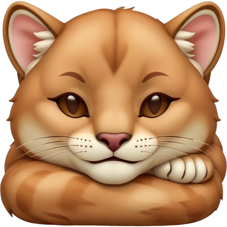 Meme-Worthy Cute Sleeping Cougar Portrait Emoji, Head resting peacefully with a contented smile, showcasing a lithe build and a luxuriously soft tawny Fur, eyes shut in a serene, restful nap, Simplified yet hilariously adorable features, highly detailed, glowing with a soft, drowsy light, high shine, relaxed and utterly lovable, stylized with an air of playful laziness, bright and heartwarming, soft glowing outline, capturing the essence of a comically sleepy cougar, so meme-worthy it feels like it could instantly become the next viral sensation of adorable slumber! emoji