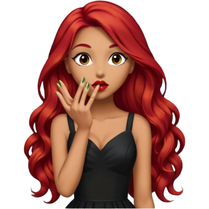  woman with long red hair and dark make up and olive skin sending a kiss in black dress emoji