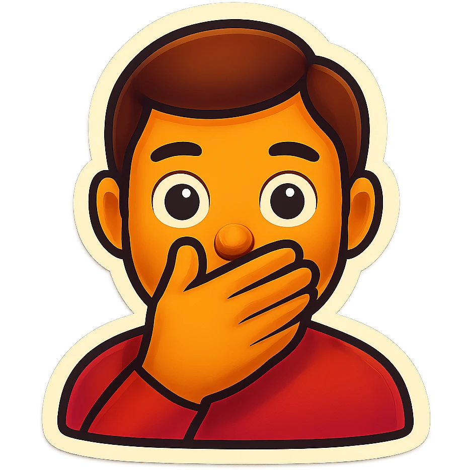 Create an emoji of a man covering his mouth, in the same pose and style as the monkey in the reference image, with a transparent background. emoji